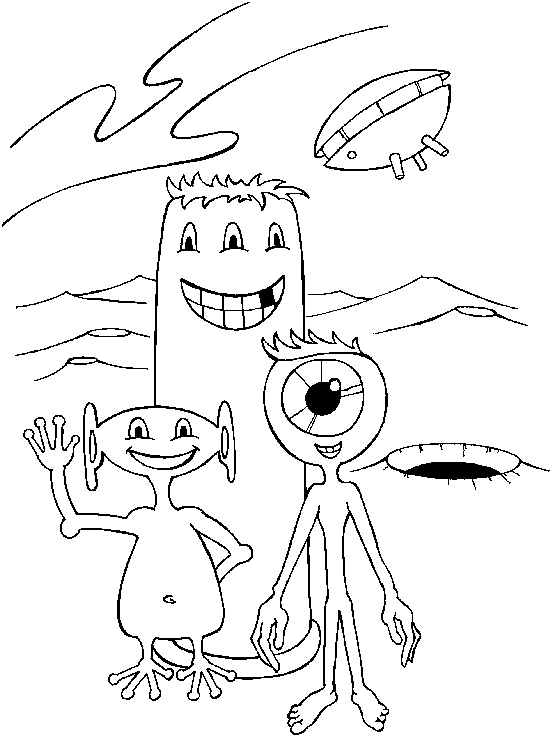Friendly aliens waving from the moon drawing for coloring
