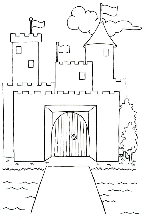 Castle with flags and moat drawing for coloring